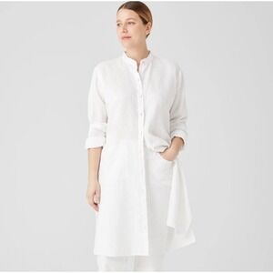 Eileen Fisher Organic Linen Long Shirt Tunic Dress White M S23 Mandarin Collar